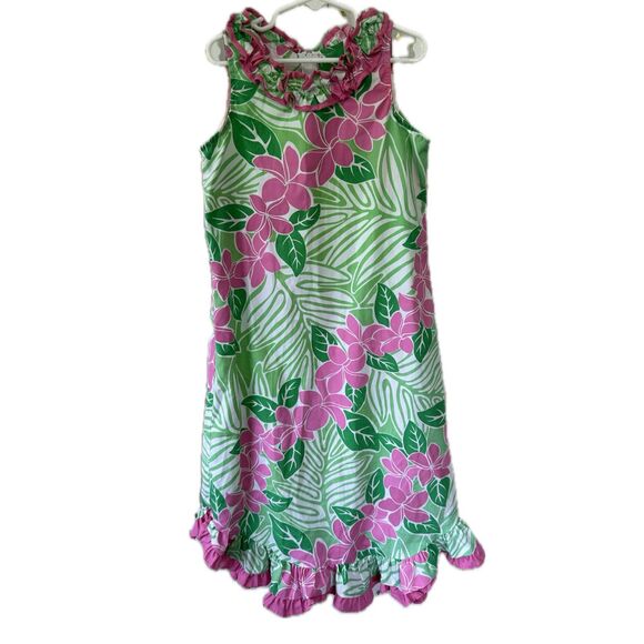 RJC Girls Hawaiian Tropical Flowers Plumeria Lei Ruffle Mu'umu'u Midi Dress M - Picture 1 of 6